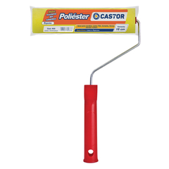 Rolo de espuma poliéster de 15 cm com cabo vermelho, utilizado para pintura em paredes e superfícies lisas.