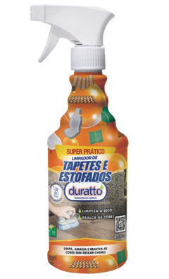 Limpador de Tapetes e Estofados 500ml Duratto em embalagem spray, com destaque para suas características e uso.