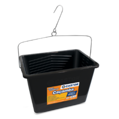 Cacamba de plástico preta para pintura profissional com capacidade de 11 litros e suporte de metal.