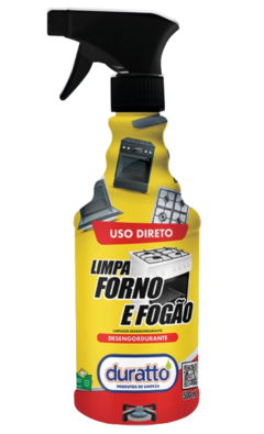 Frasco de Limpa Forno e Fogão 500ml da Duratto, com spray e rótulo colorido, ideal para limpeza de eletrodomésticos.