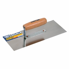 Desempenadeira de aço inox 12x30 cm lisa com cabo aberto, ideal para acabamento preciso e nivelamento de superfícies, ferramenta resistente.