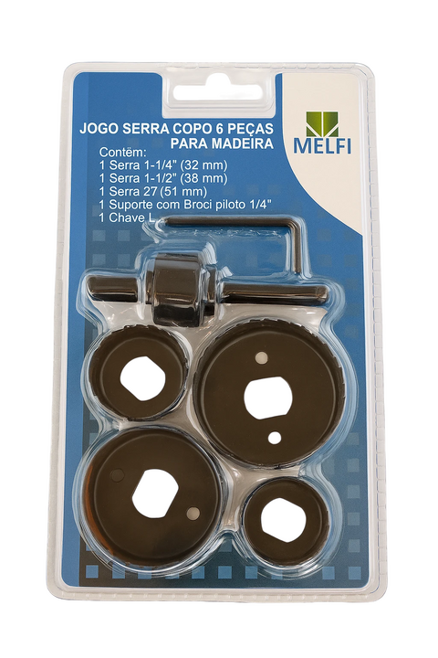 Jogo de serra copo com 6 peças para madeira, incluindo três serras de diferentes tamanhos, suporte com broca piloto e chave L em embalagem transparente com fundo azul.