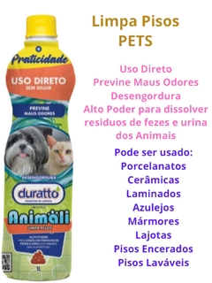Frasco de Limpador de Piso Pet Uso Direto Animali 750ML da Duratto, com informações sobre sua eficácia em eliminar odores e resíduos de animais.