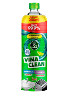 Frasco de Vinaclean 750ml, produto de limpeza concentrado, com destaque para a eficácia na eliminação de germes e uso em banheiros e cozinhas.