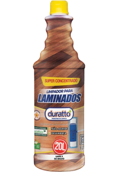 Frasco de limpador para pisos laminados Duratto, com rótulo destacando suas propriedades concentradas e capacidade de rendimento.