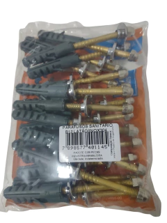Pacote contendo 20 parafusos de latão/inox B.10x75mm, com buchas plásticas, ideal para instalação sanitária.