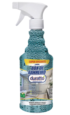 Frasco de 500ml do produto Limpa Box de Banheiro da marca Duratto, com embalagem em destaque e gotas de água, ideal para limpeza de box de banheiro.