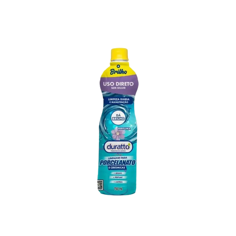 Frasco de limpador para porcelanato e cerâmicas Duratto 750ml com tampa amarela e rótulo azul e roxo