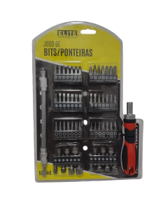 Jogo de 12 peças de bits e ponteiras da marca Elite, incluindo ponteiras PZ, PH, SL e T, juntamente com um extensor e chave manual.