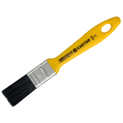 Trincha de pintura com cerdas pretas, cabo amarelo e cabos de plástico, ideal para pintura e acabamento de superfícies.