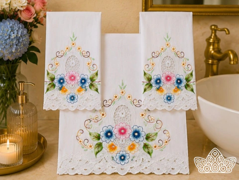 Conjunto Lavabo em Bordado Português - Kit 3pçs