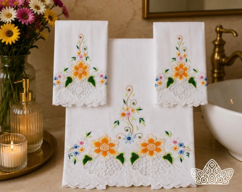 Conjunto Lavabo em Bordado Português - Kit 3pçs