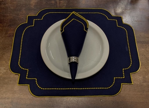 Jogo Americano Bordado com Matame Azul e Mostarda 8pçs