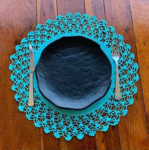 Sousplat de Crochê e Linho Azul Tiffany