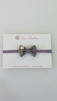 Laço Linho Cinza Bordado Branco - Dona Bambina - Tiaras e Laços
