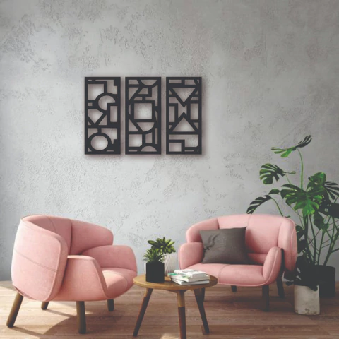 Cuadro Artesanal Triptico Geométrico Formas Calado Mdf 65x43 - comprar online