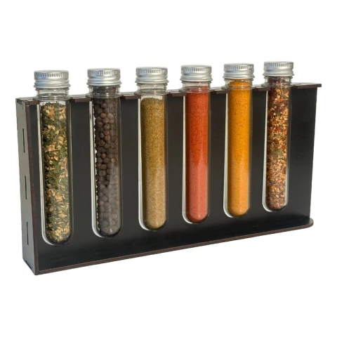 Especiero Plano Madera Con 6 Tubos 15cm Pet Y Tapa Plateada