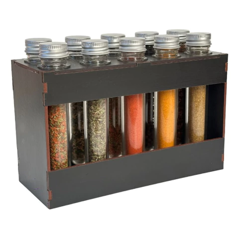 Especiero Madera Con 10 Tubos 15cm Pet Y Tapa Plateada - comprar online
