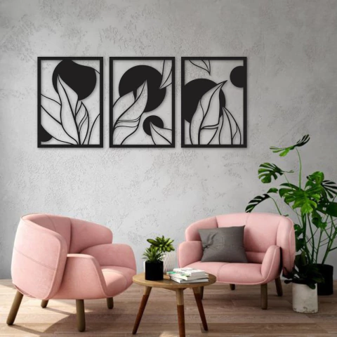 Cuadro Artesanal Triptico Hojas Circulos Calado Mdf 90x40cm - comprar online