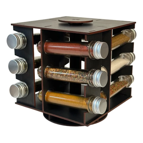 Especiero Giratorio Horizontal Madera Con 12 Tubos De 15cm Pet Y Tapa Plateada - comprar online