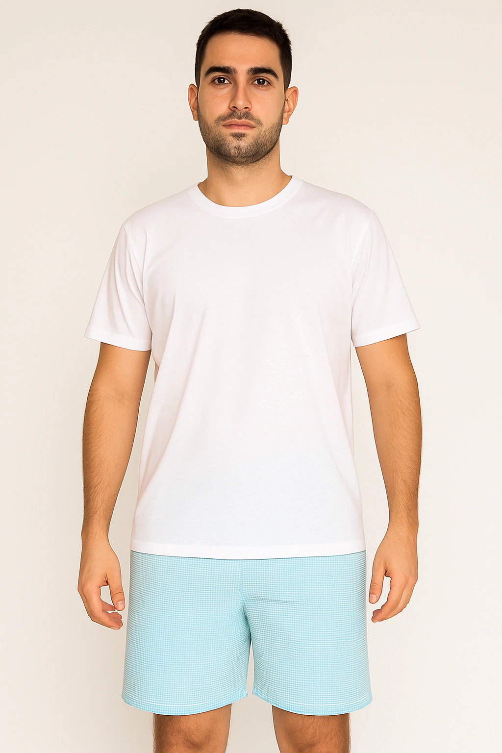Pijama Masculino - Xadrez Turquesa e Camiseta Branca