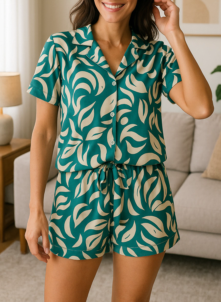 Pijama Shorts Folhagem - Verde e Bege