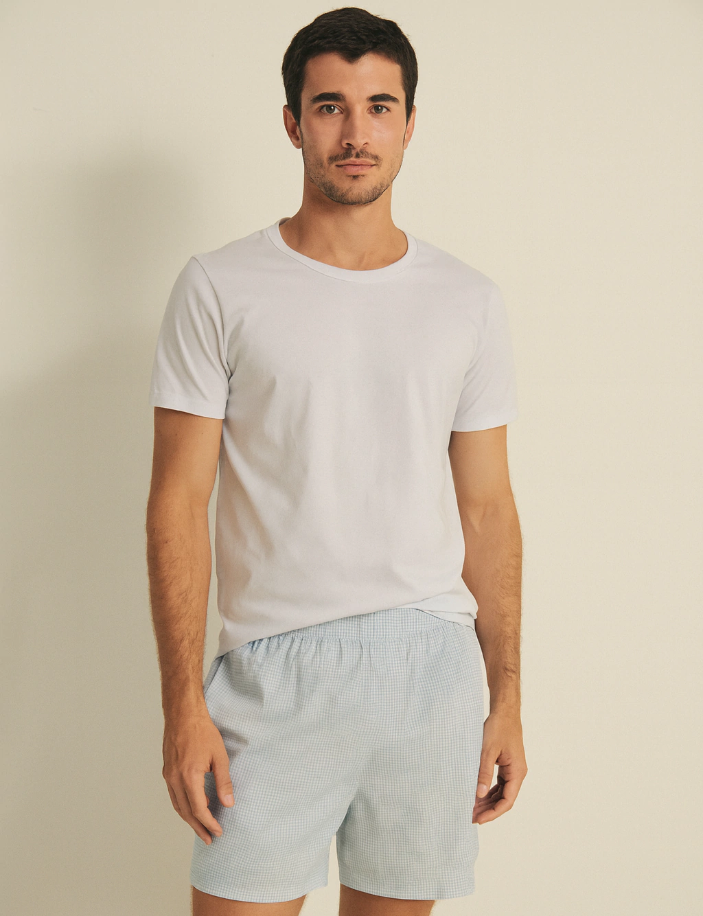 Pijama Masculino - Xadrez Azul Claro e Camiseta Branca