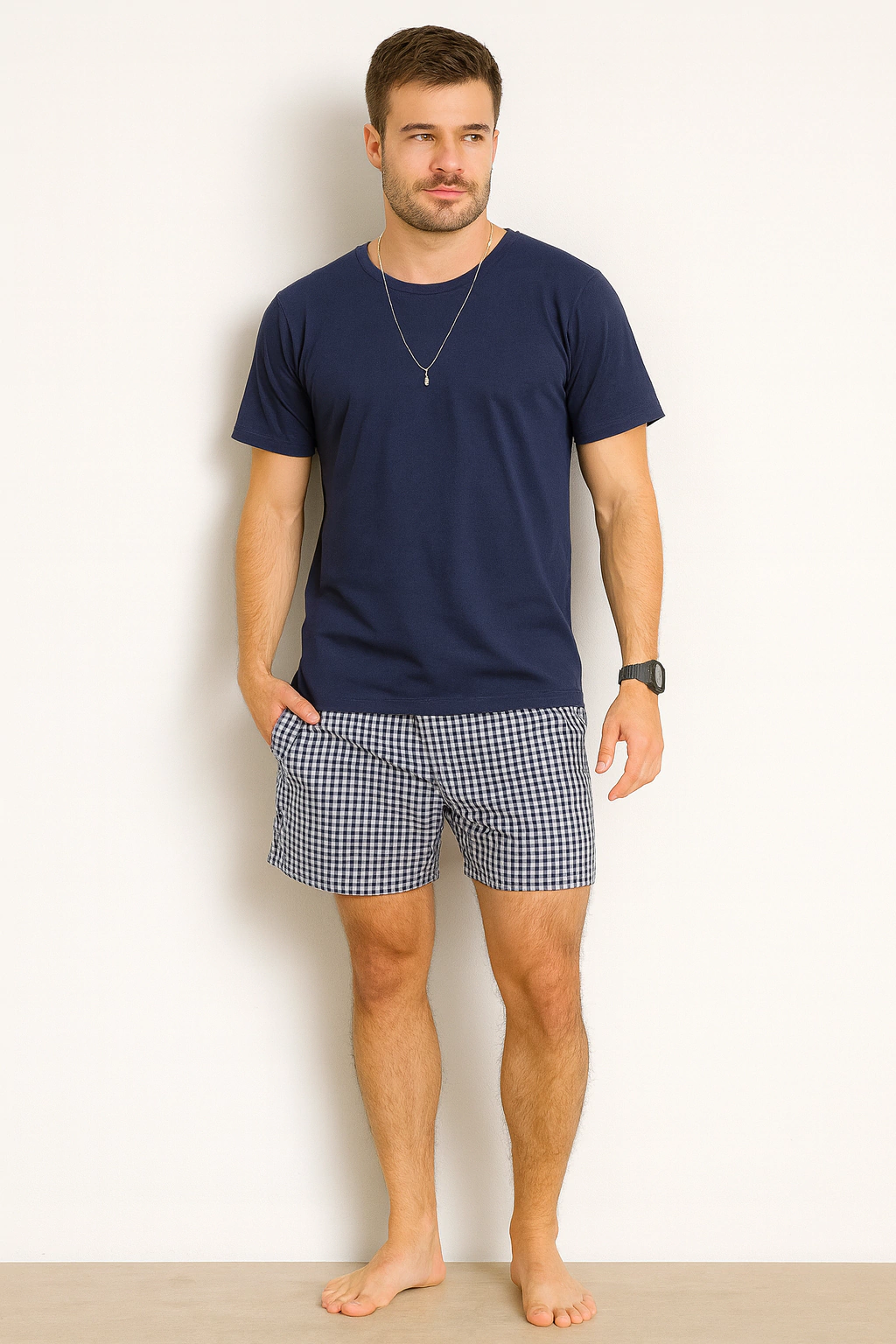 Pijama Masculino - Xadrez Marinho e Camiseta Marinho