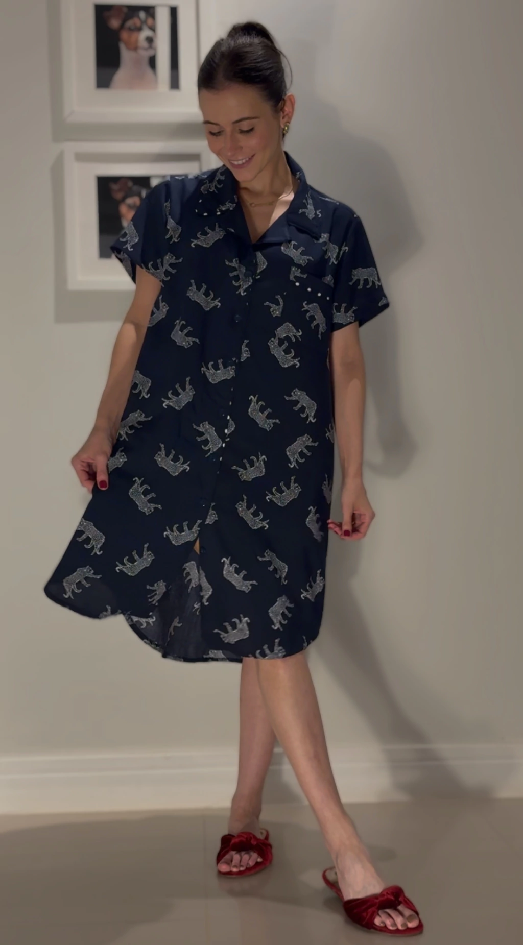 Camisola Mix Estampa - Onça e Mini Poá Marinho e Branco
