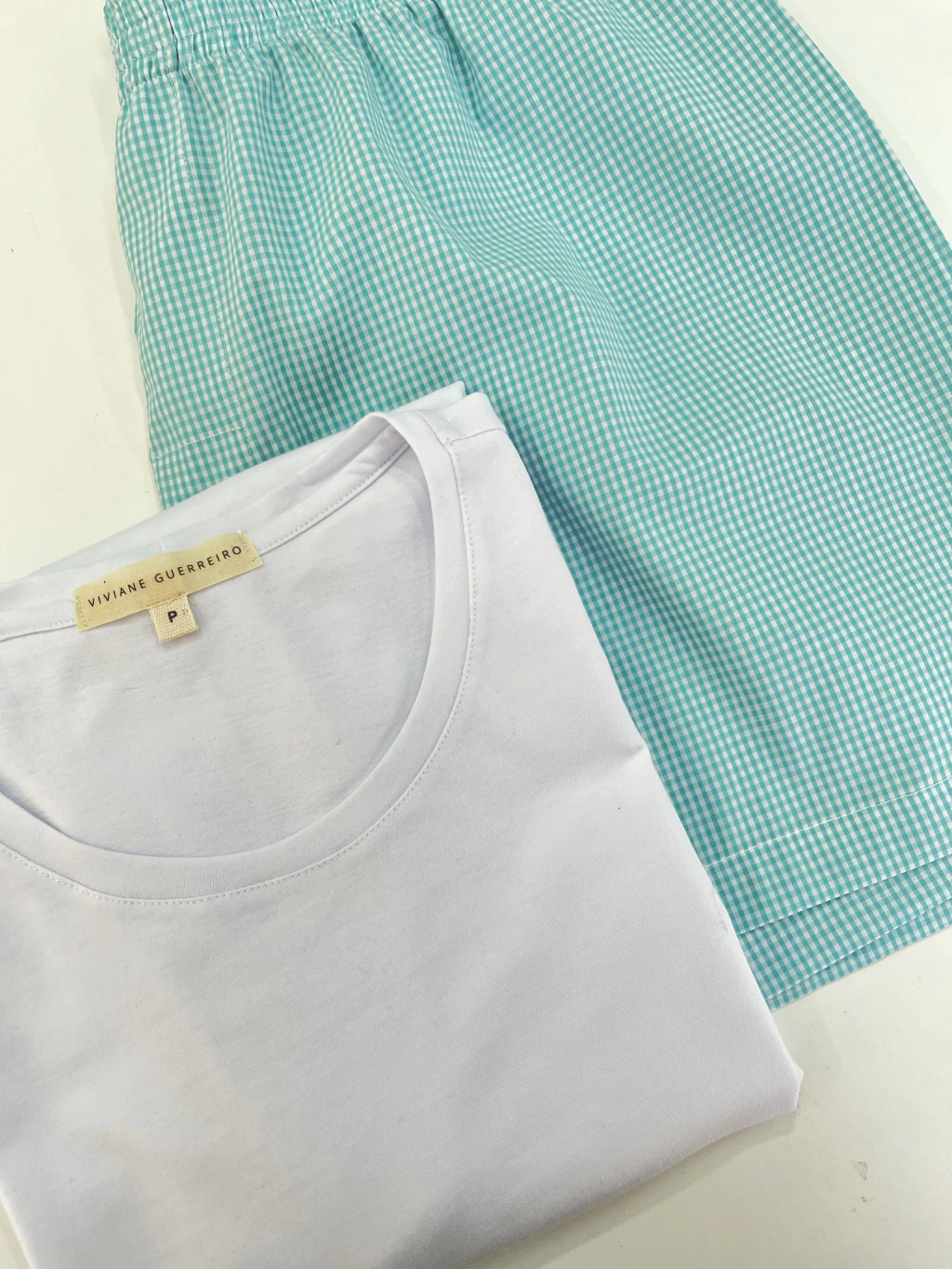 Pijama Shorts Adulto Masculino - Xadrez Azul Turquesa e Branco