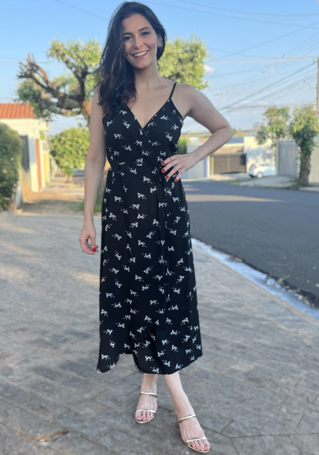 Vestido Envelope Viscose Alça - Tigre Preto e Branco