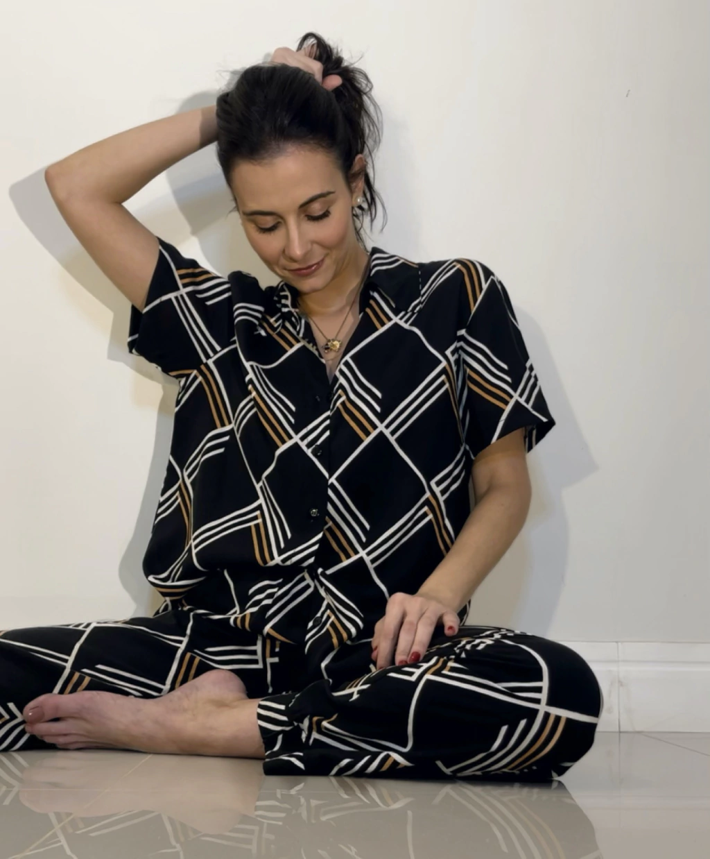 Pijama Calça Feminino - Geométrico Preto e Laranja