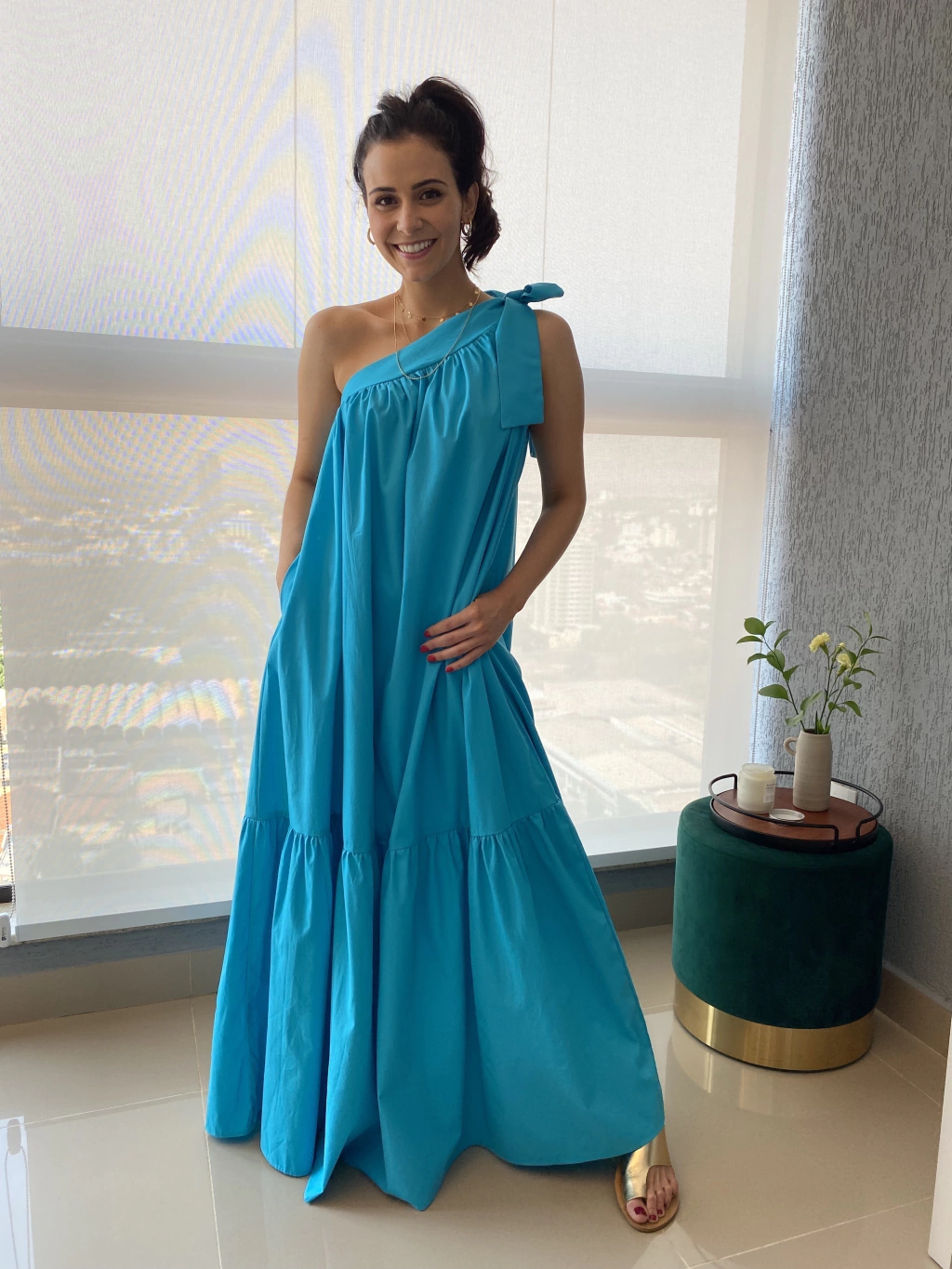 vestido tricoline - um ombro só (coral e turquesa)