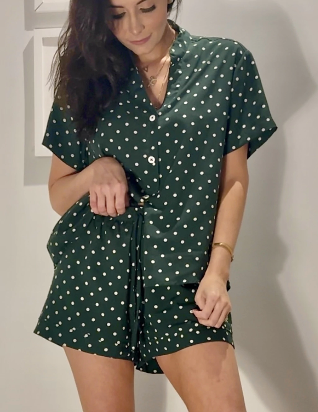 Pijama Shorts Mini Poá - Verde e Off