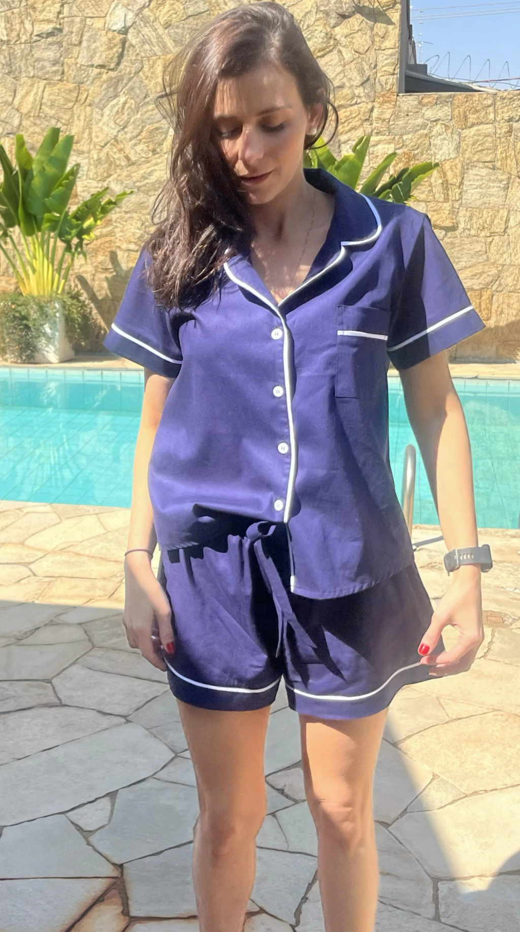 Pijama Shorts 100% Algodão - Azul Marinho