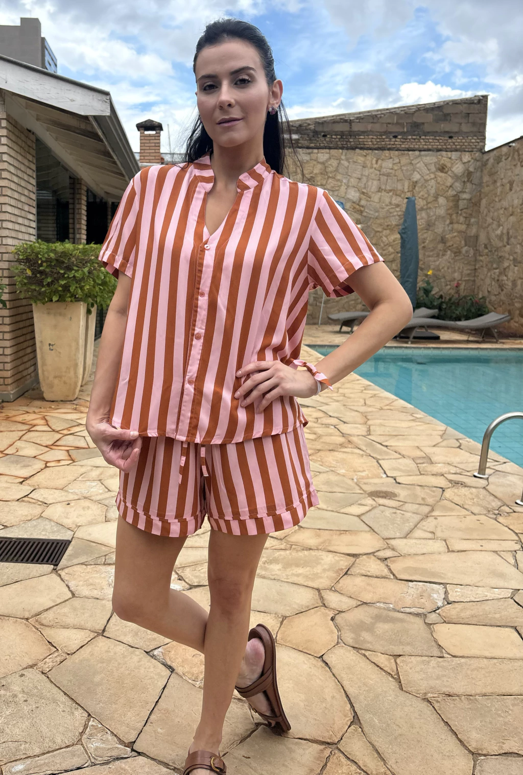 Pijama Shorts Listras - Rosa e Marrom