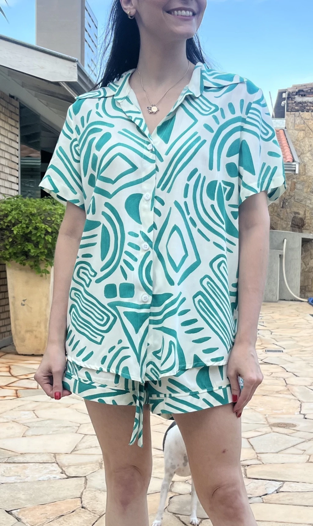 Pijama Shorts Geométrico - Verde Água