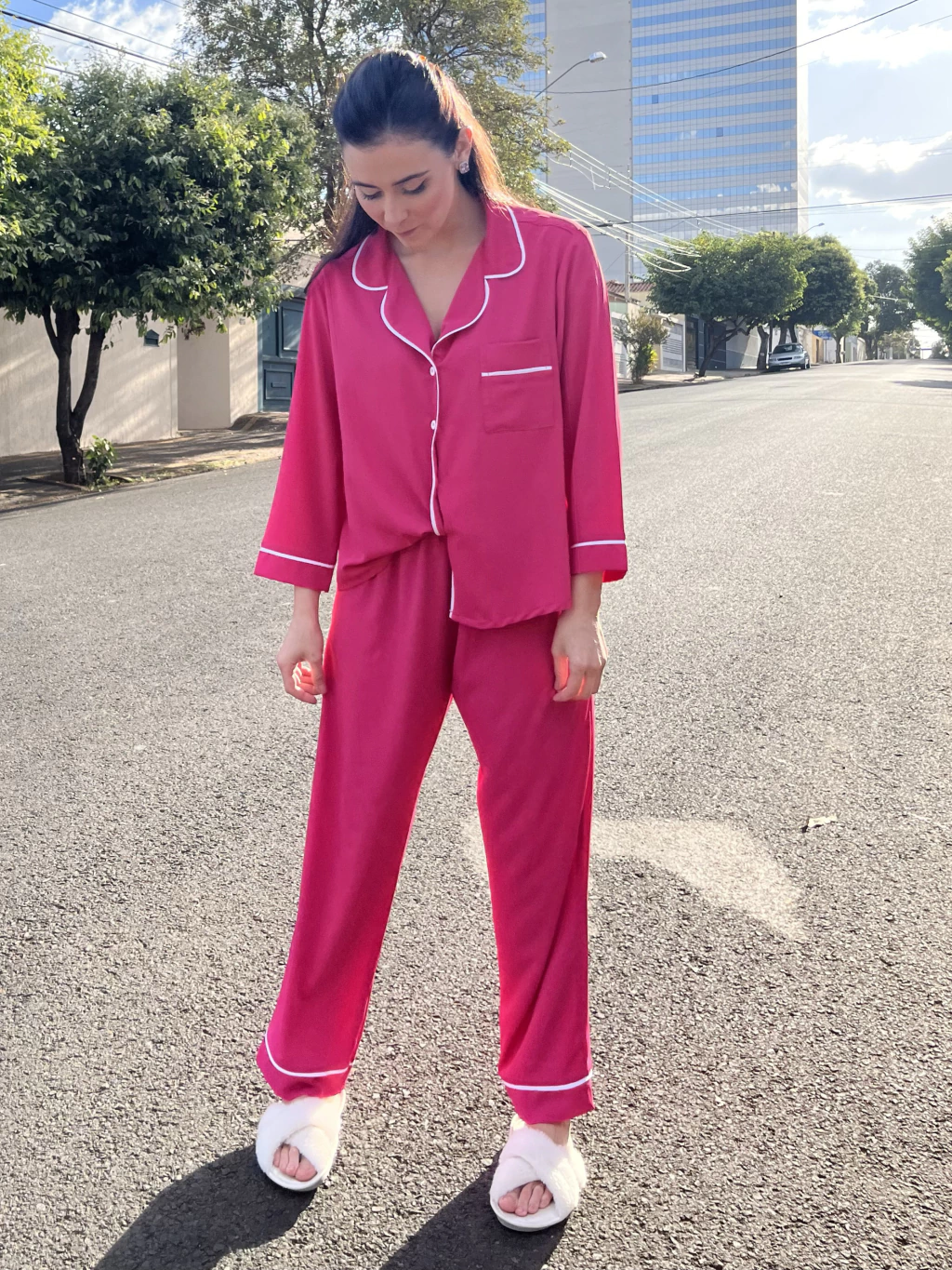 Pijama Calça Feminino - Pink e Friso Branco