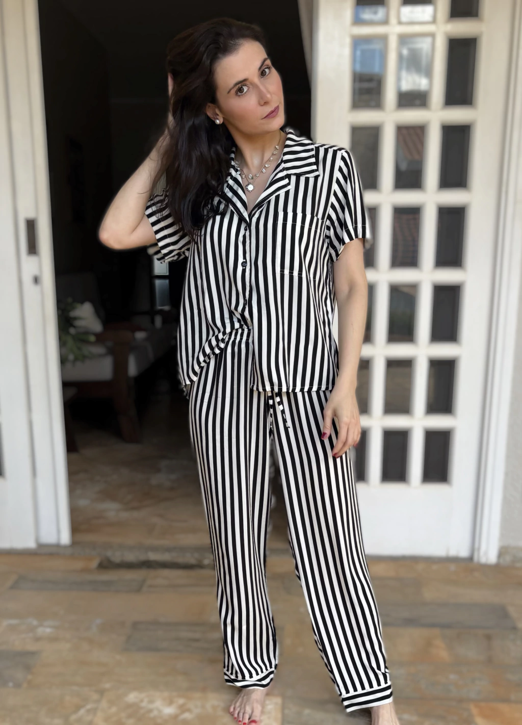 Pijama Calça Feminino - Listras Preto e Branco