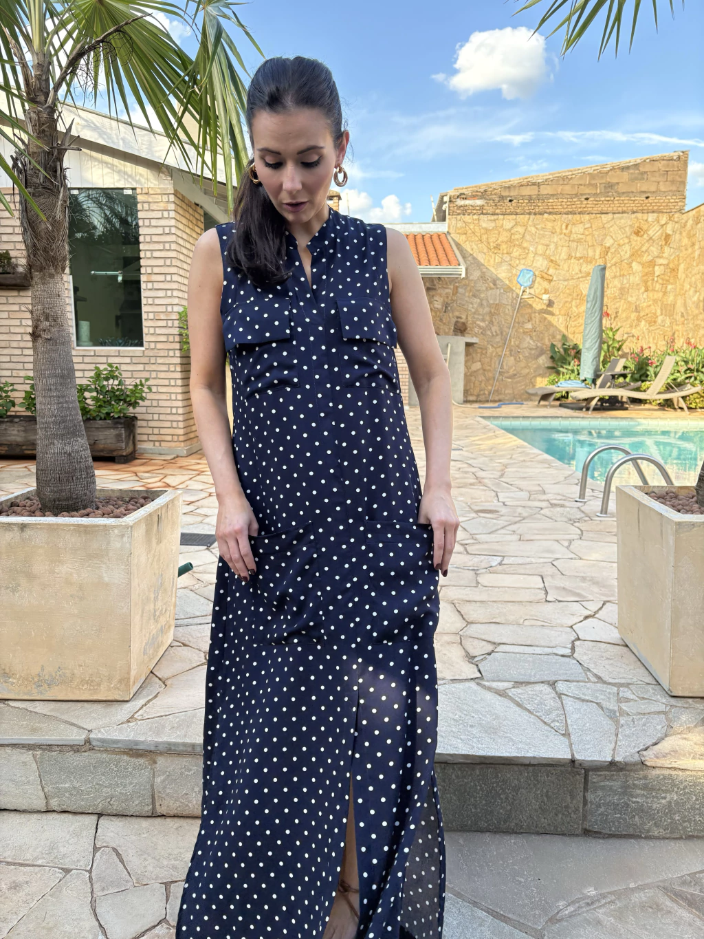 Vestido Marcela Viscose - Mini Poá Azul Marinho e Branco
