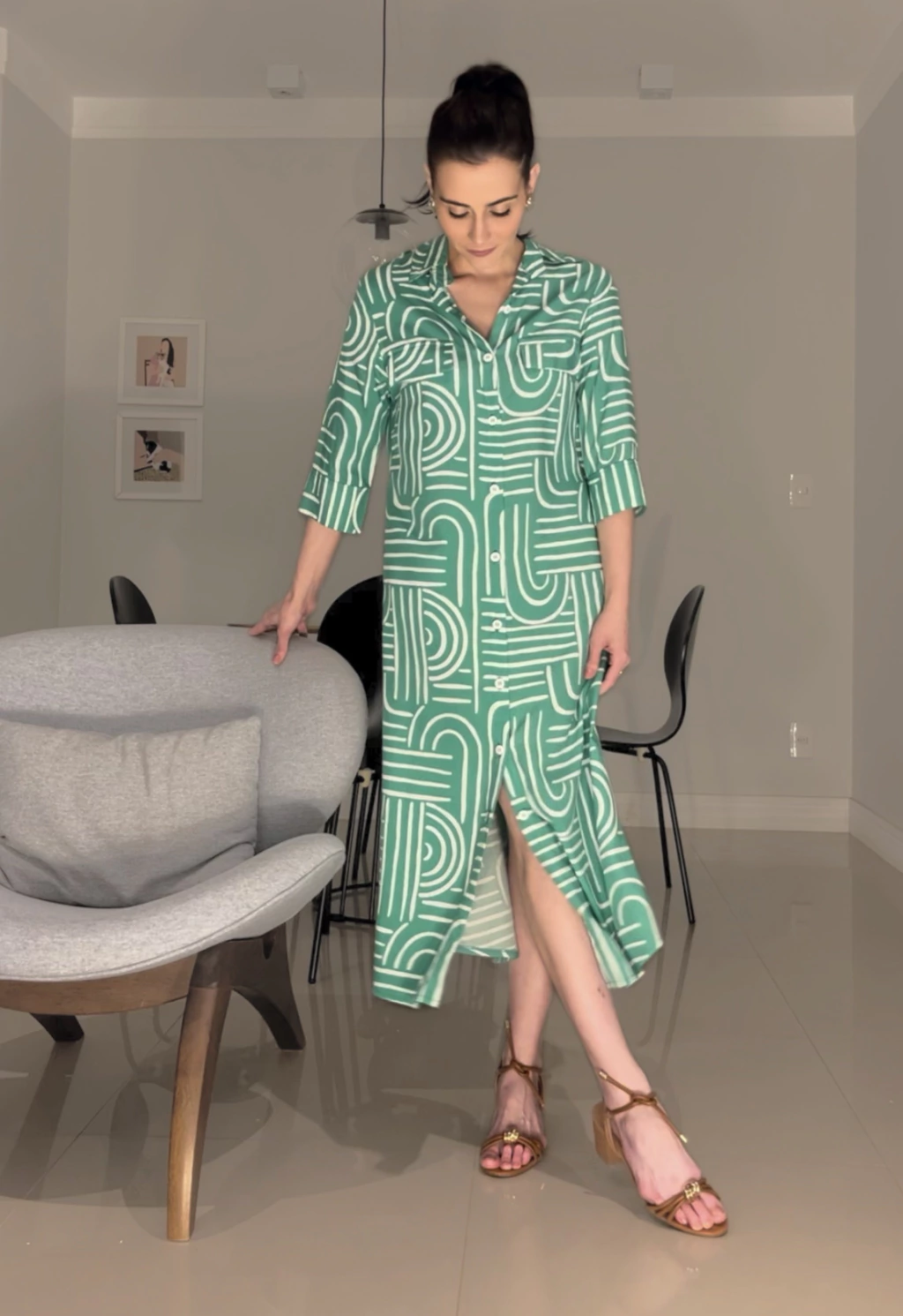 Vestido Chemise Geométrico - Verde e Branco