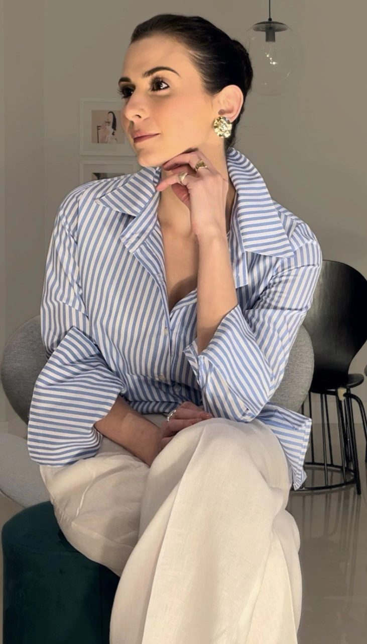 Camisa Tricoline - Listras Azul e branco