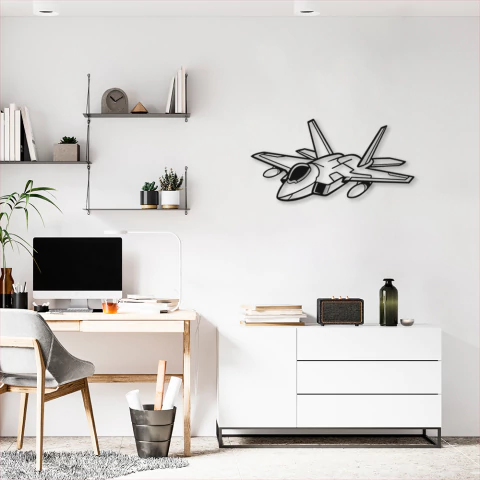 Quadro escultura de parede representando um avião de caça visto de frente, decorando um ambiente moderno e minimalista.