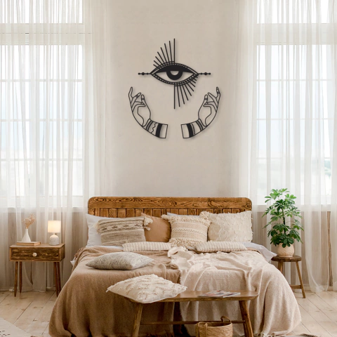 Conjunto Quadro Escultura de Parede Mãos e Olho, Boho