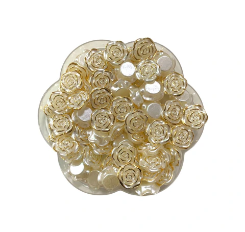 Miçanga Passante - Rosa Marfim c/ Detalhes Dourado - 15mm - 50g