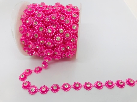 Corrente Aljofre - Flor J Rosa Bebe c/ Strass 14mm - 10Y