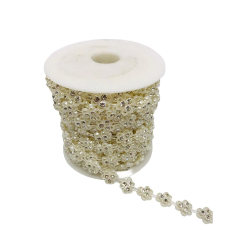 Corrente Aljofre - Flor Marfim c/ Strass - 12mm - 10 Metros