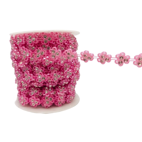 Corrente Aljofre - Flor Rosa Bebe c/ Strass - 12mm - 10 Metros