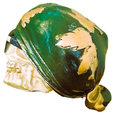 Adicione atitude à sua decoração com a Caveira Rock'N'Roll Star Bandana Cannabis_A! Escultura em resina de alta qualidade. Garanta a sua agora!