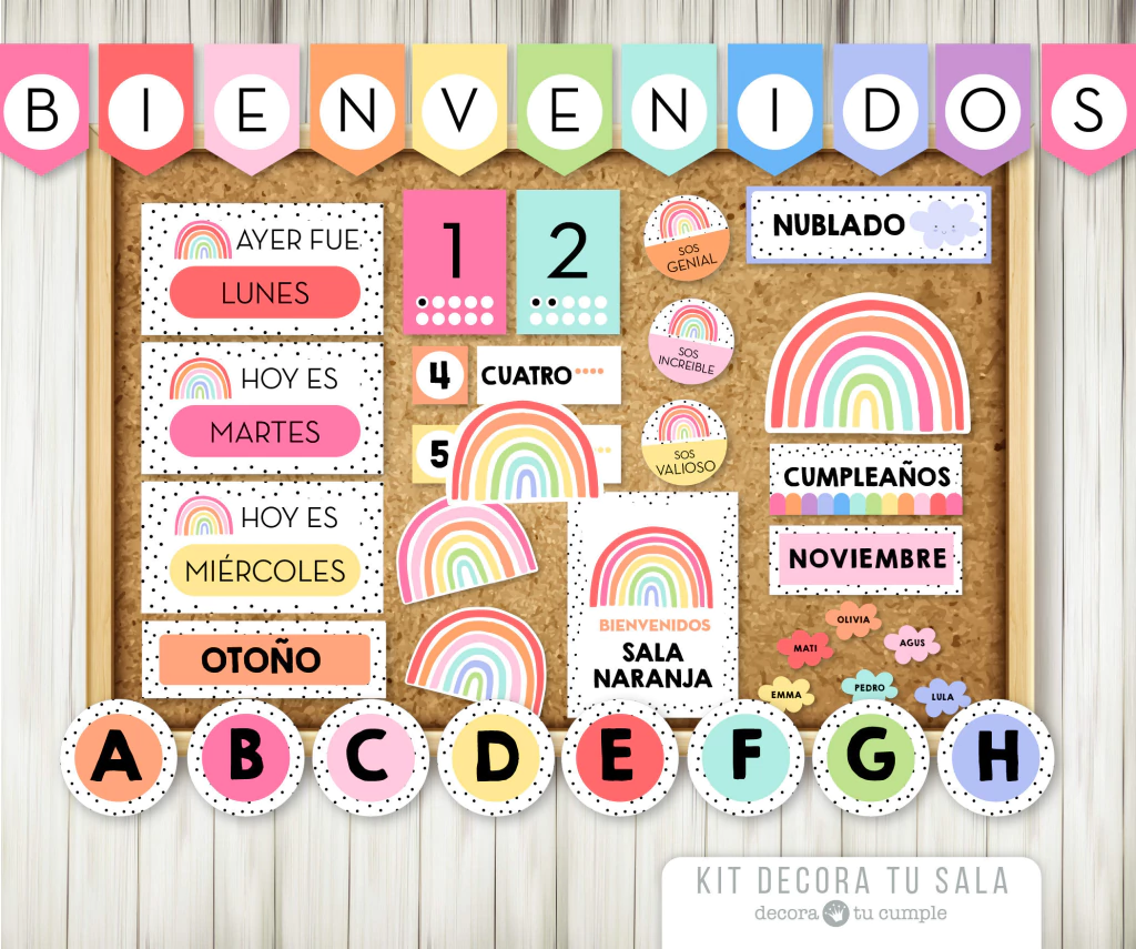 Kit Imprimible Decoración Aula Escolar Arcoiris nórdico multicolor - ESPAÑOL (copia)